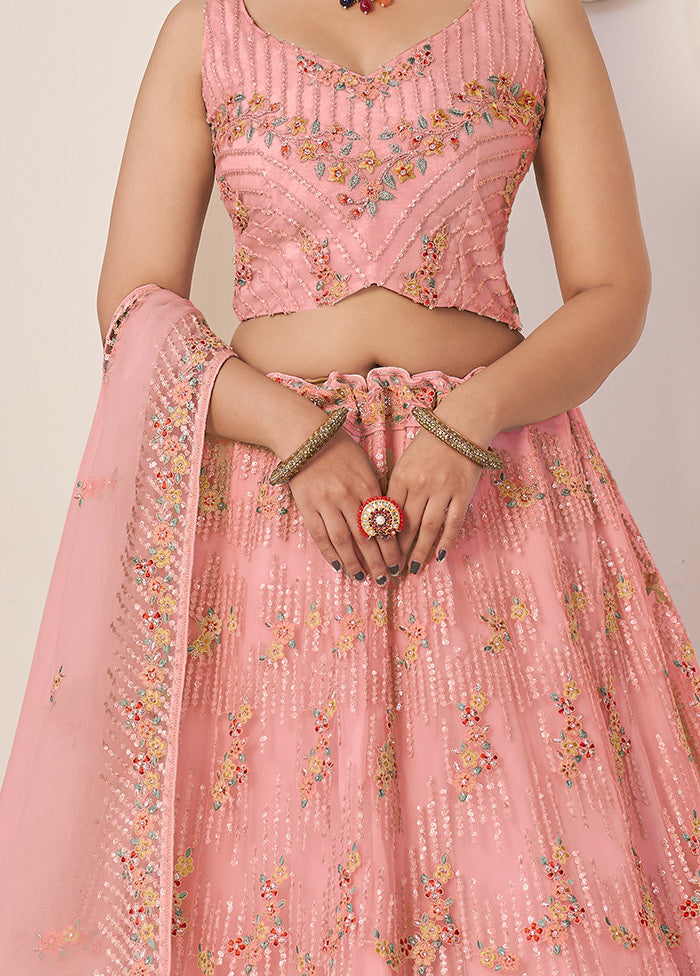 3 Pc Pink Pure Net Semi Stitched Lehenga Set - Indian Silk House Agencies
