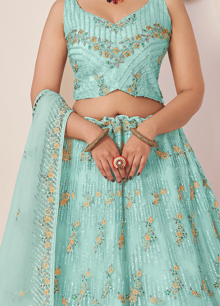 3 Pc Sky Blue Pure Net Semi Stitched Lehenga Set - Indian Silk House Agencies