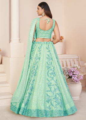 3 Pc Sea Green Georgette Semi Stitched Lehenga Set - Indian Silk House Agencies