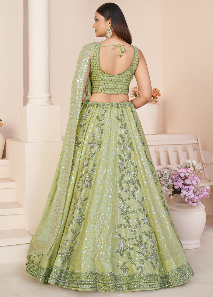 3 Pc Pista Green Georgette Semi Stitched Lehenga Set - Indian Silk House Agencies