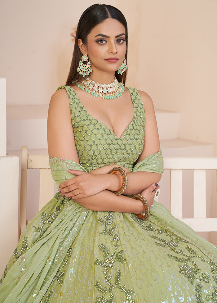 3 Pc Pista Green Georgette Semi Stitched Lehenga Set - Indian Silk House Agencies