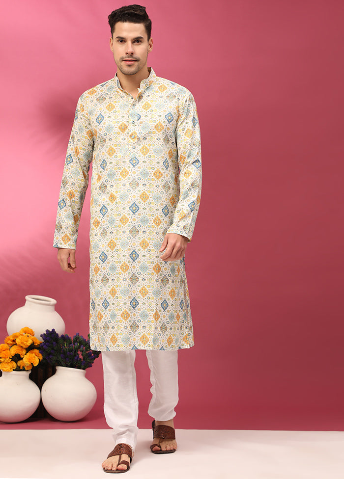 Multicolor Mandarin Collar Dupion Silk Kurta - Indian Silk House Agencies