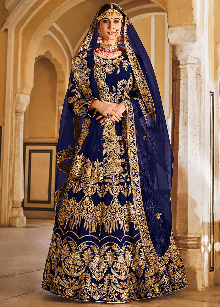 3 Pc Blue Velvet Semi Stitched Lehenga Set - Indian Silk House Agencies