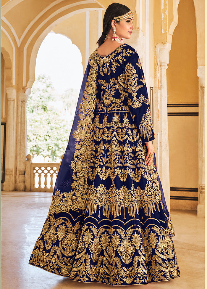 3 Pc Blue Velvet Semi Stitched Lehenga Set - Indian Silk House Agencies
