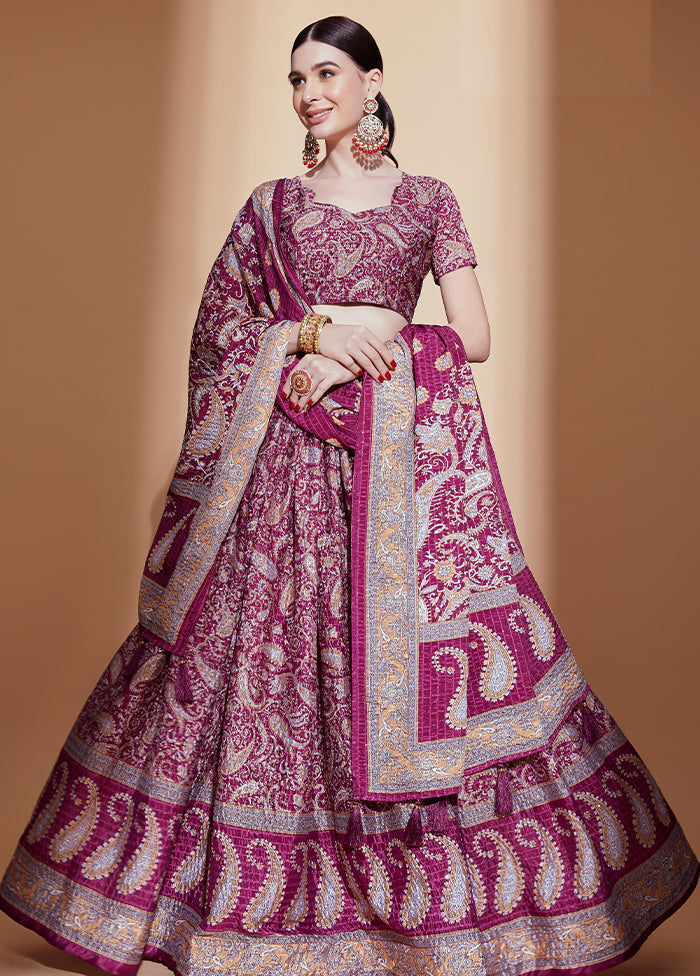 3 Pc Purple Silk Semi Stitched Lehenga Set - Indian Silk House Agencies