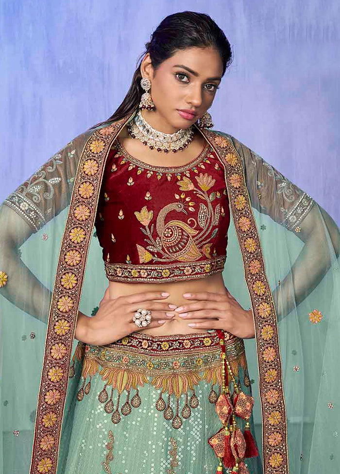 3 Pc Turquoise Velvet Semi Stitched Lehenga Set - Indian Silk House Agencies