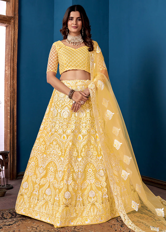 3 Pc Yellow Net Semi Stitched Lehenga Set - Indian Silk House Agencies