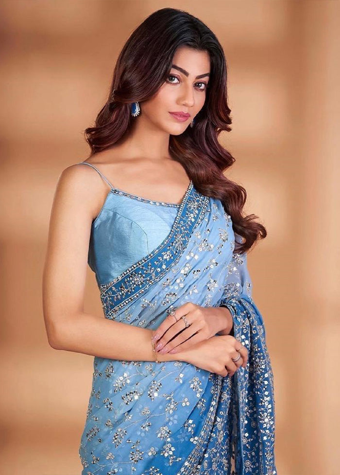 Blue Georgette Saree With Blouse Piece