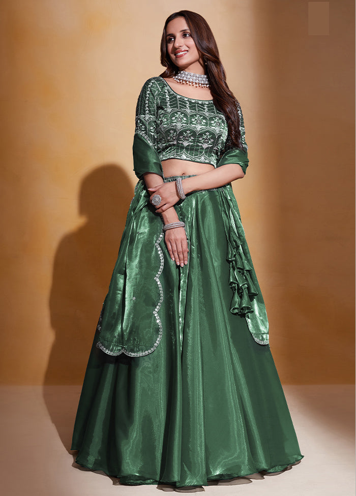 3 Pc Green Net Semi Stitched Lehenga Set - Indian Silk House Agencies