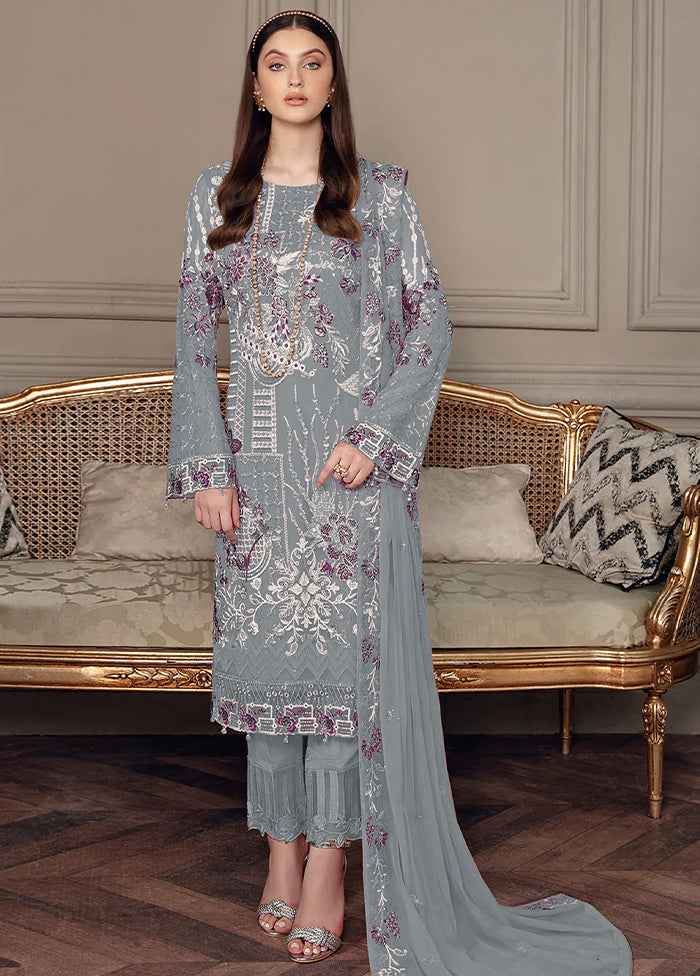 3 Pc Grey Semi Stitched Georgette Suit Set - Indian Silk House Agencies