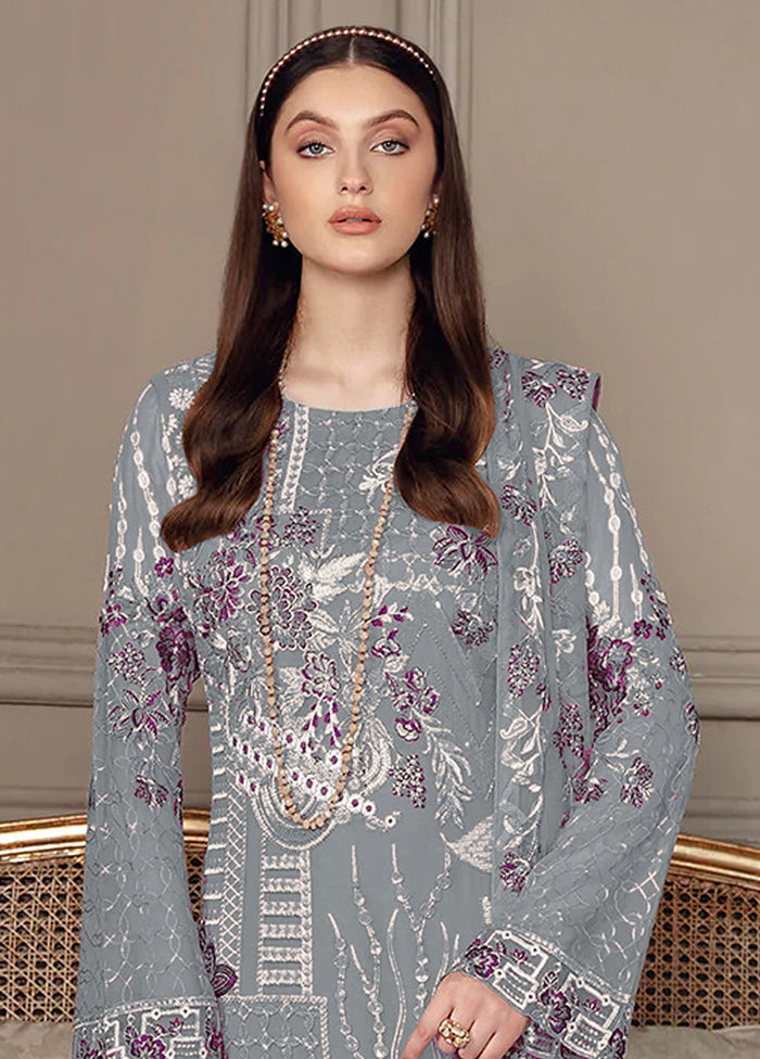 3 Pc Grey Semi Stitched Georgette Suit Set