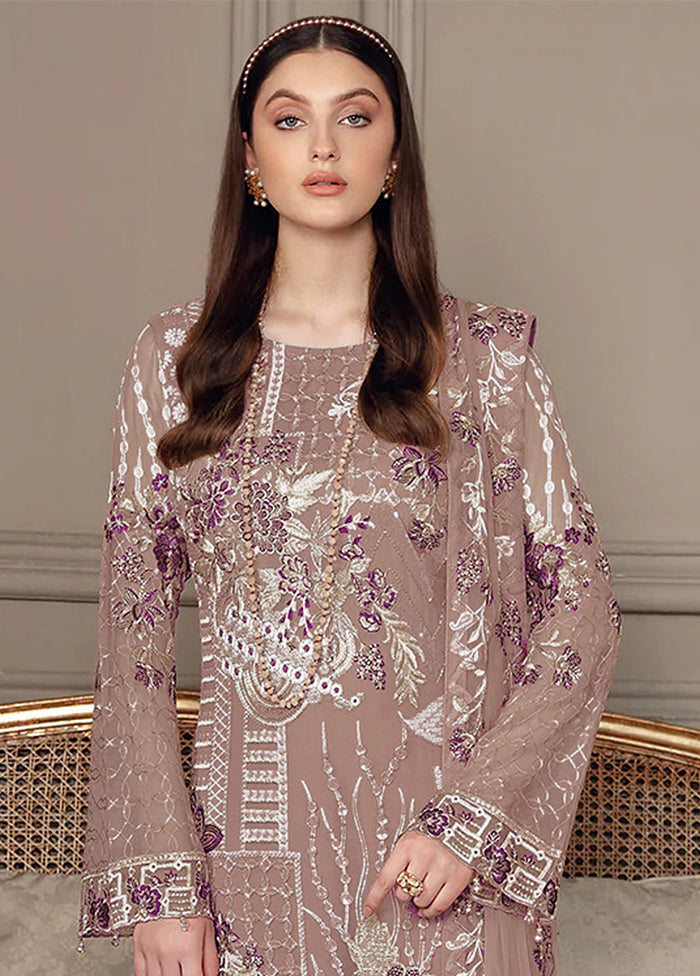 3 Pc Beige Semi Stitched Georgette Suit Set - Indian Silk House Agencies