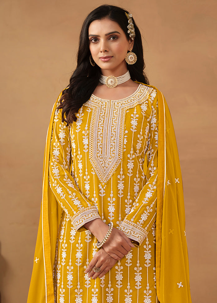 3 Pc Yellow Semi Stitched Georgette Suit Set - Indian Silk House Agencies
