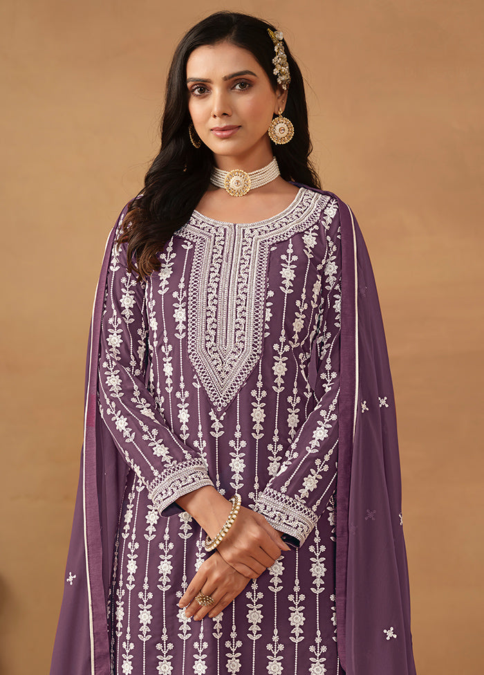 3 Pc Purple Semi Stitched Georgette Suit Set