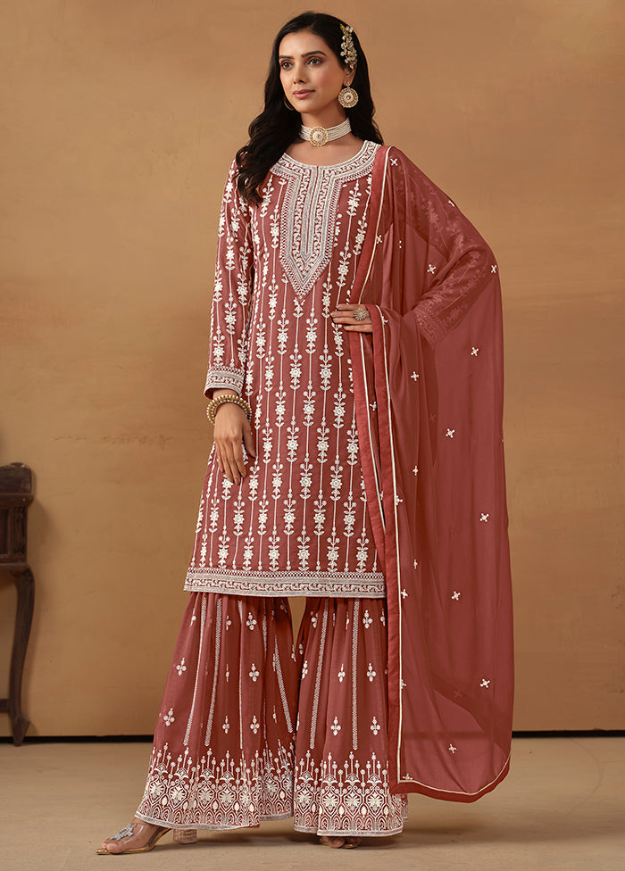 3 Pc Brown Semi Stitched Georgette Suit Set