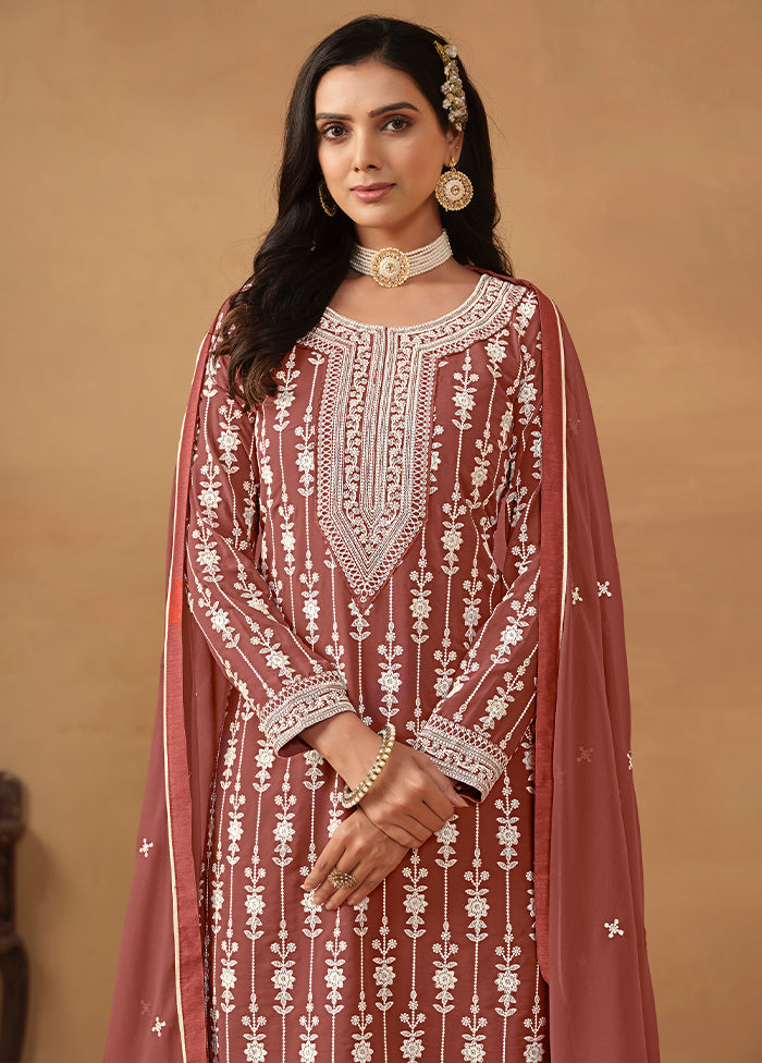 3 Pc Brown Semi Stitched Georgette Suit Set - Indian Silk House Agencies