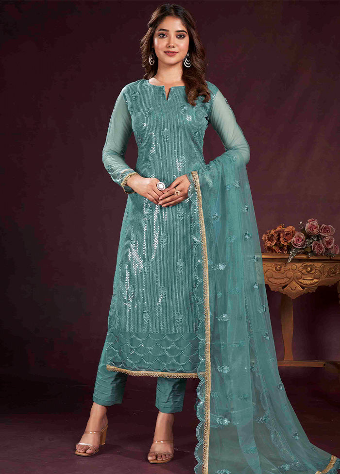 3 Pc Turquoise Semi Stitched Net Suit Set - Indian Silk House Agencies