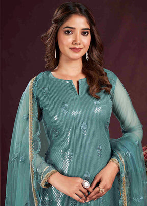 3 Pc Turquoise Semi Stitched Net Suit Set