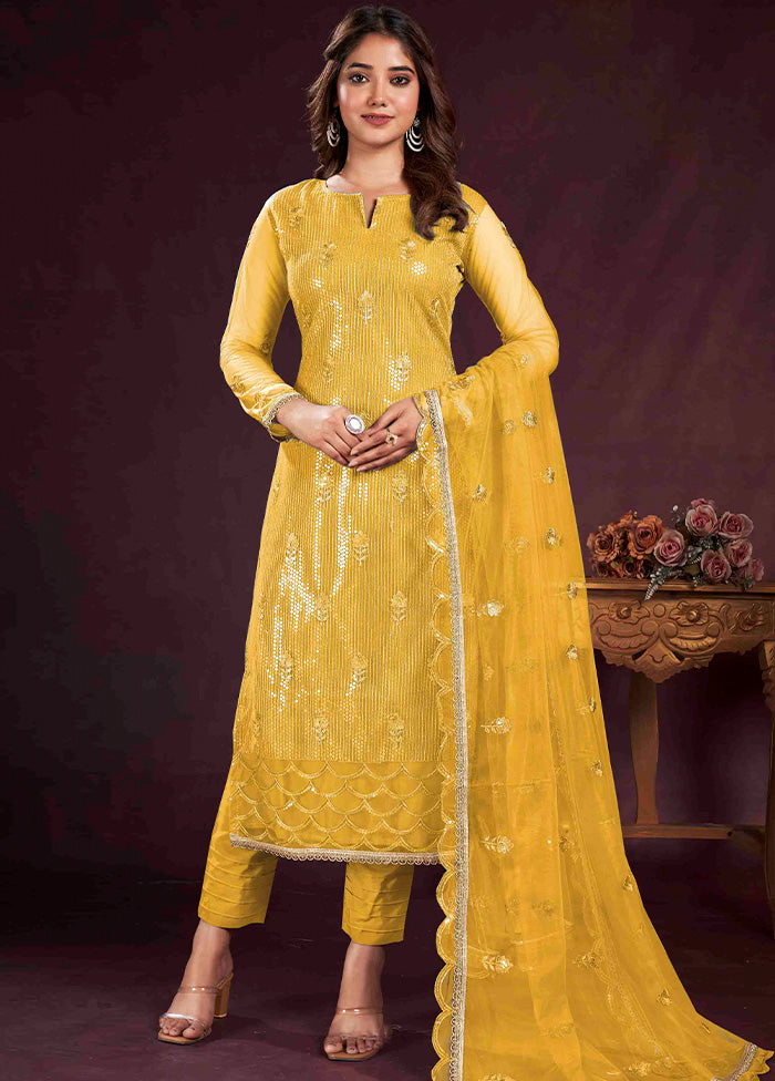 3 Pc Yellow Semi Stitched Net Suit Set