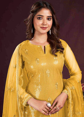 3 Pc Yellow Semi Stitched Net Suit Set