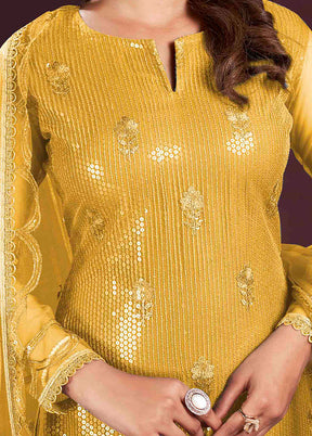 3 Pc Yellow Semi Stitched Net Suit Set