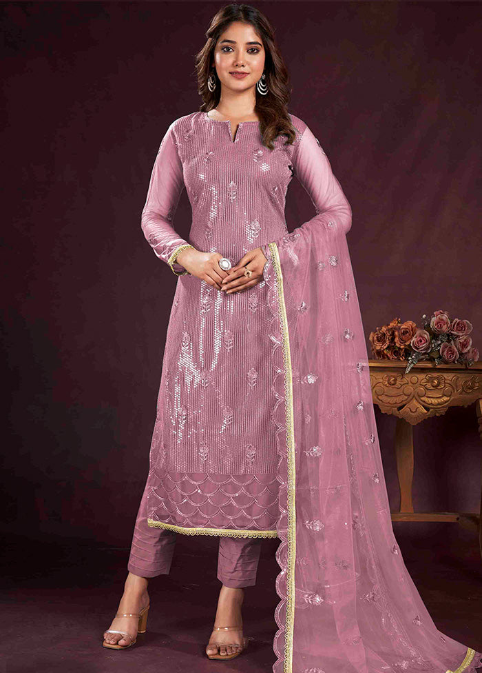 3 Pc Pink Semi Stitched Net Suit Set - Indian Silk House Agencies