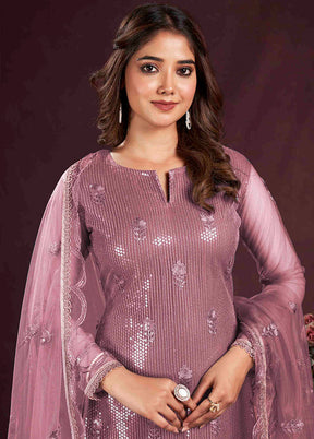 3 Pc Pink Semi Stitched Net Suit Set