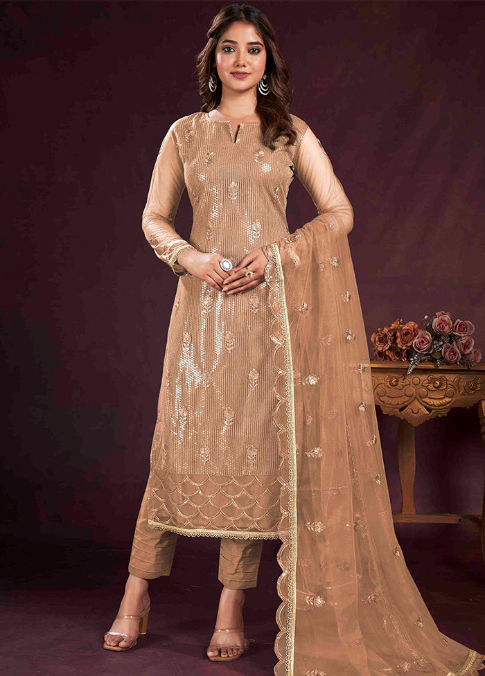 3 Pc Brown Semi Stitched Net Suit Set