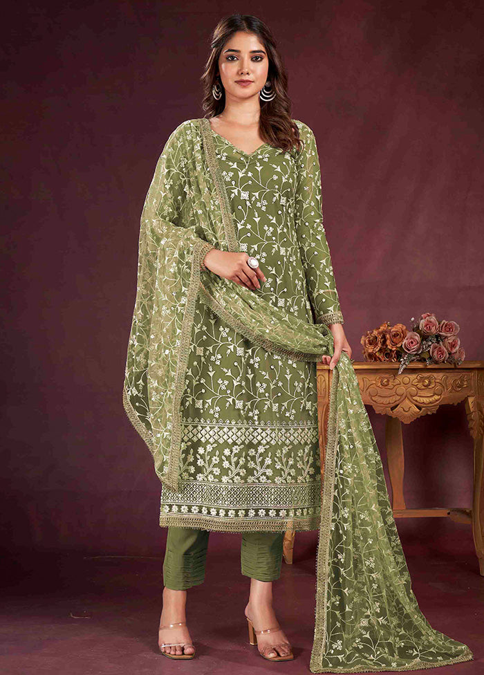 3 Pc Green Semi Stitched Net Suit Set - Indian Silk House Agencies