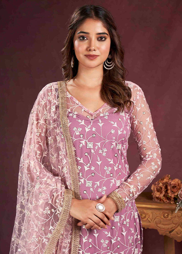 3 Pc Pink Semi Stitched Net Suit Set