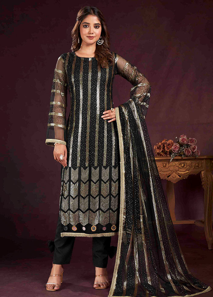 3 Pc Black Semi Stitched Net Suit Set - Indian Silk House Agencies