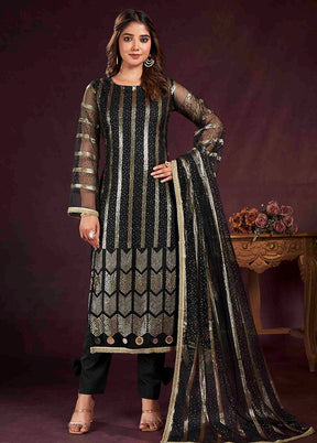 3 Pc Black Semi Stitched Net Suit Set