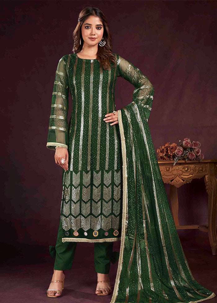 3 Pc Green Semi Stitched Net Suit Set - Indian Silk House Agencies