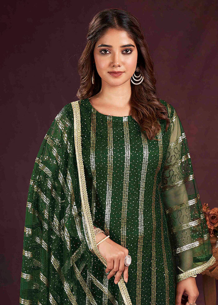 3 Pc Green Semi Stitched Net Suit Set