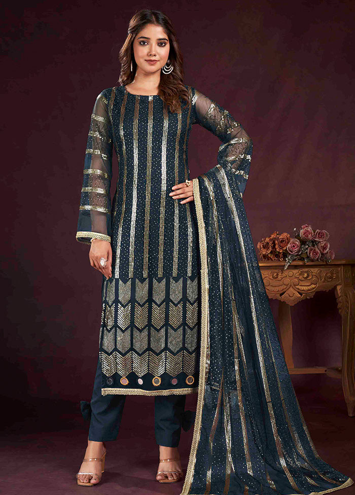 3 Pc Teal Blue Semi Stitched Net Suit Set - Indian Silk House Agencies