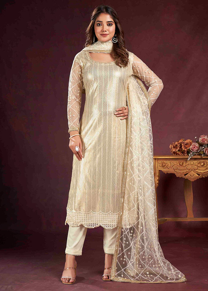3 Pc White Semi Stitched Net Suit Set - Indian Silk House Agencies