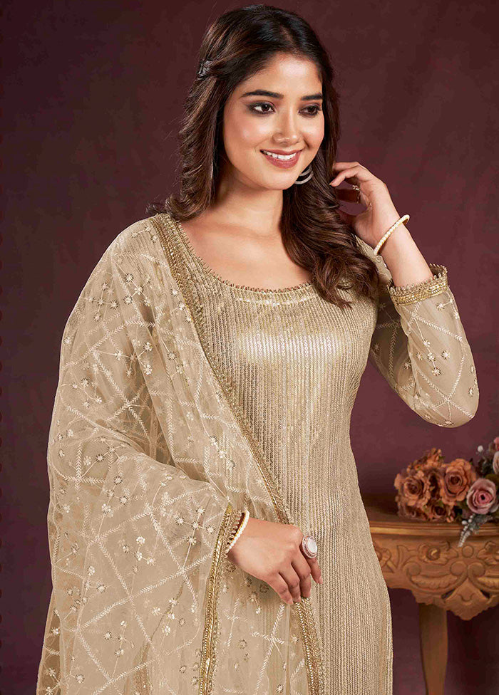 3 Pc Beige Semi Stitched Net Suit Set