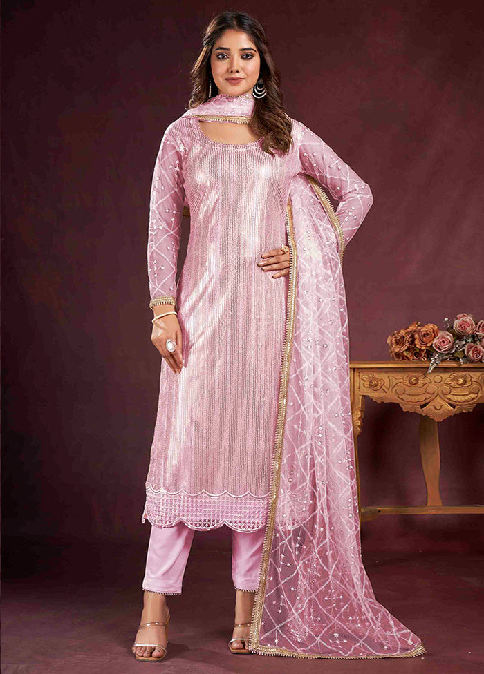 3 Pc Pink Semi Stitched Net Suit Set