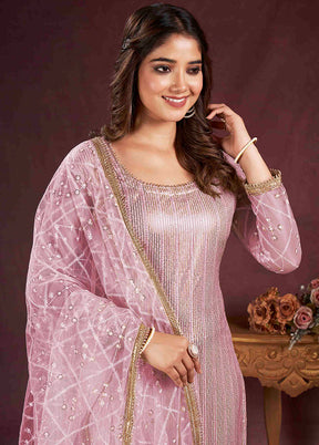 3 Pc Pink Semi Stitched Net Suit Set