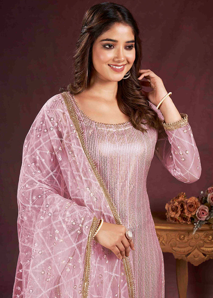 3 Pc Pink Semi Stitched Net Suit Set - Indian Silk House Agencies