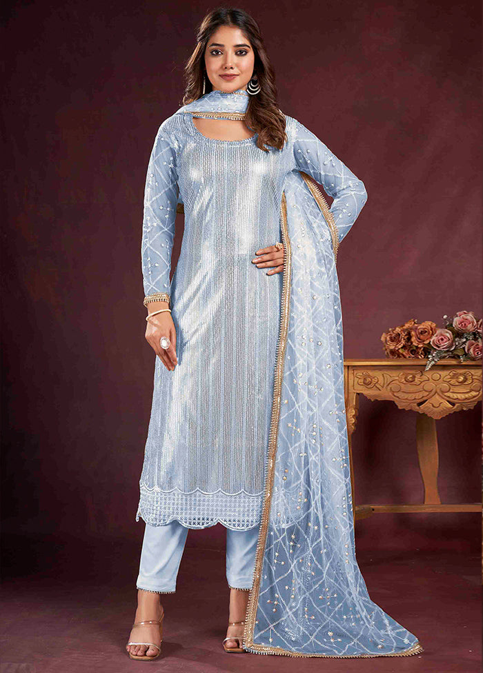 3 Pc Sky Blue Semi Stitched Net Suit Set - Indian Silk House Agencies
