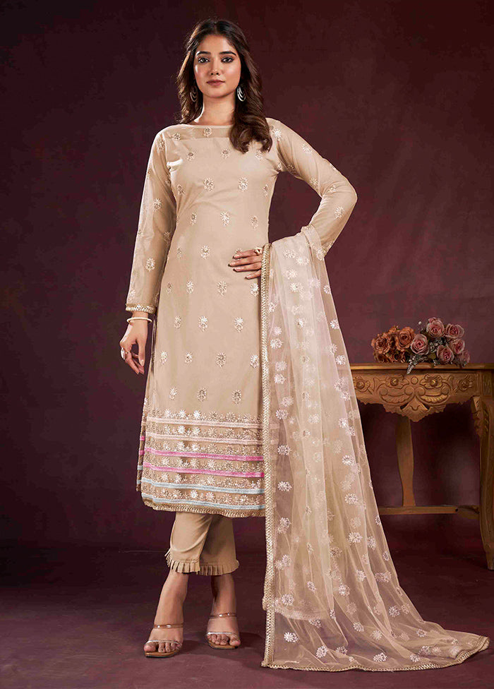 3 Pc Beige Semi Stitched Net Suit Set