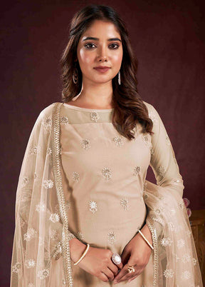 3 Pc Beige Semi Stitched Net Suit Set