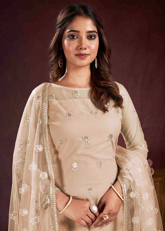 3 Pc Beige Semi Stitched Net Suit Set - Indian Silk House Agencies