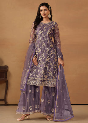 3 Pc Purple Semi Stitched Net Suit Set