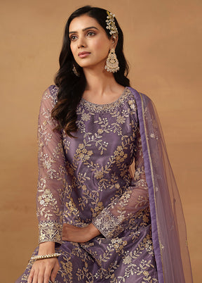 3 Pc Purple Semi Stitched Net Suit Set