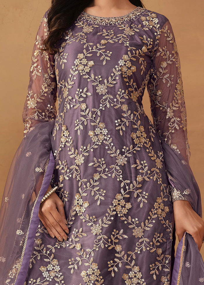 3 Pc Purple Semi Stitched Net Suit Set - Indian Silk House Agencies