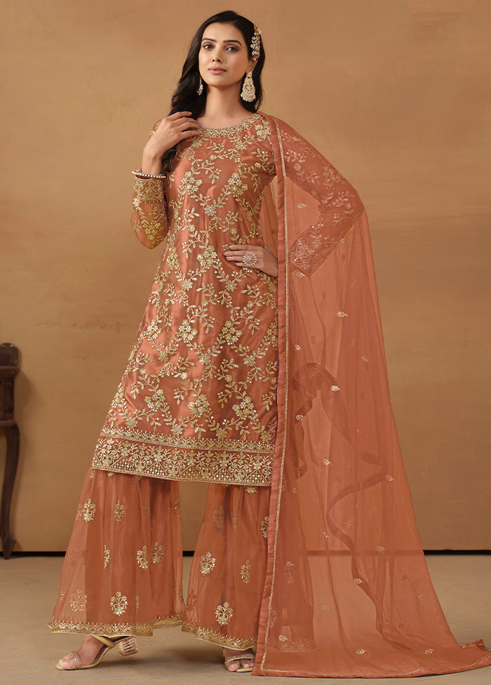 3 Pc Mustard Semi Stitched Net Suit Set