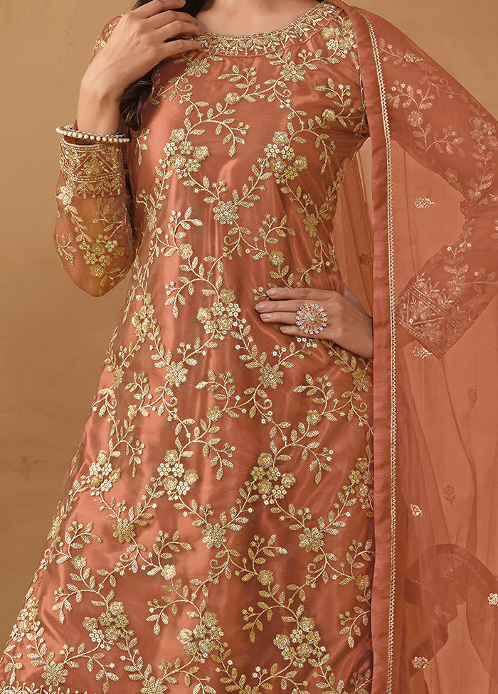 3 Pc Mustard Semi Stitched Net Suit Set