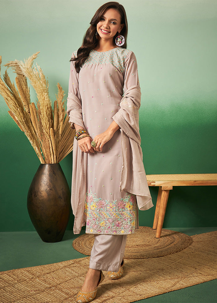 3 Pc Light Brown Semi Stitched Georgette Suit Set - Indian Silk House Agencies